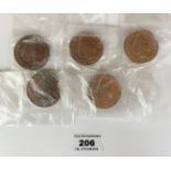 5 x 2008 £5 coins