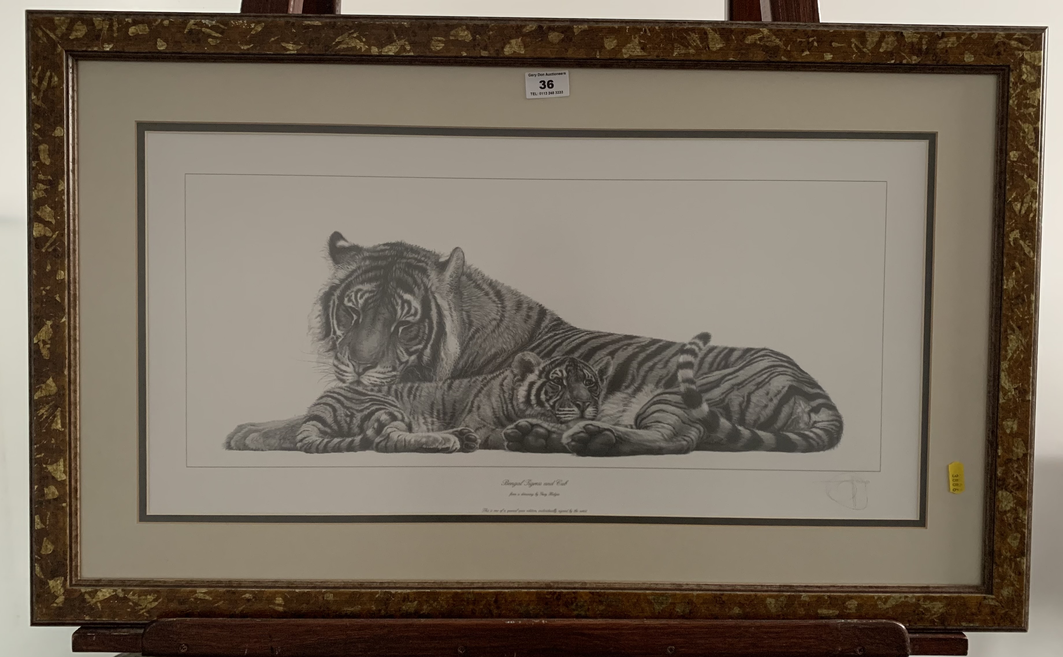 Print of tiger and cub by Gary Hodges. Special open edition signed by the artist. 25” x 12”, frame