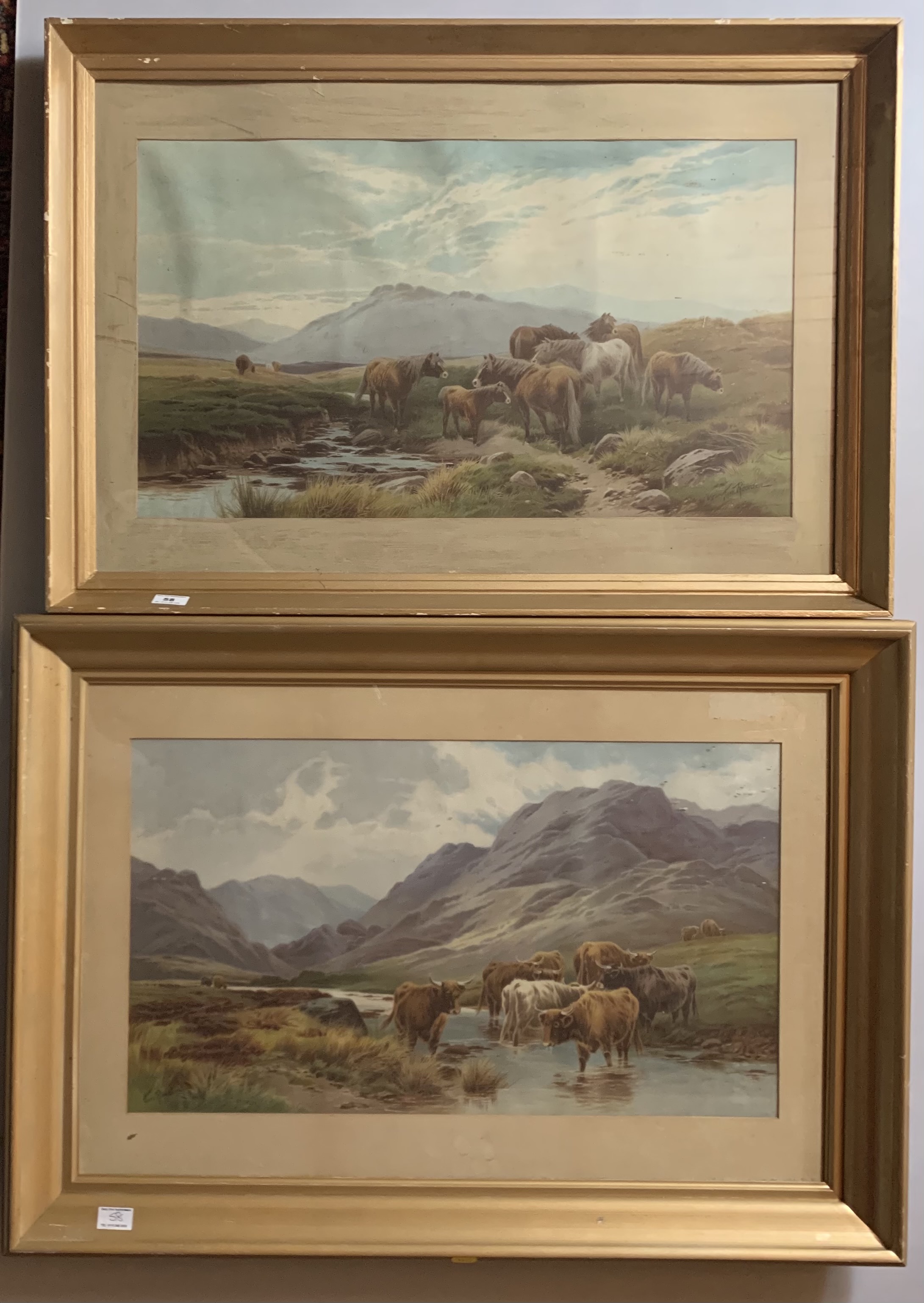 2 prints by Tom Rourden, “Cattle” 25.5” x 15”, frame 35” x 25” and “Horses” 26” x 15”, frame 32.5” x