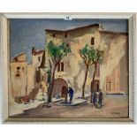 Oil painting on board of Spanish town scene by Philip Naviasky. 19” x 17.5”, frame 23” x 21”. Good