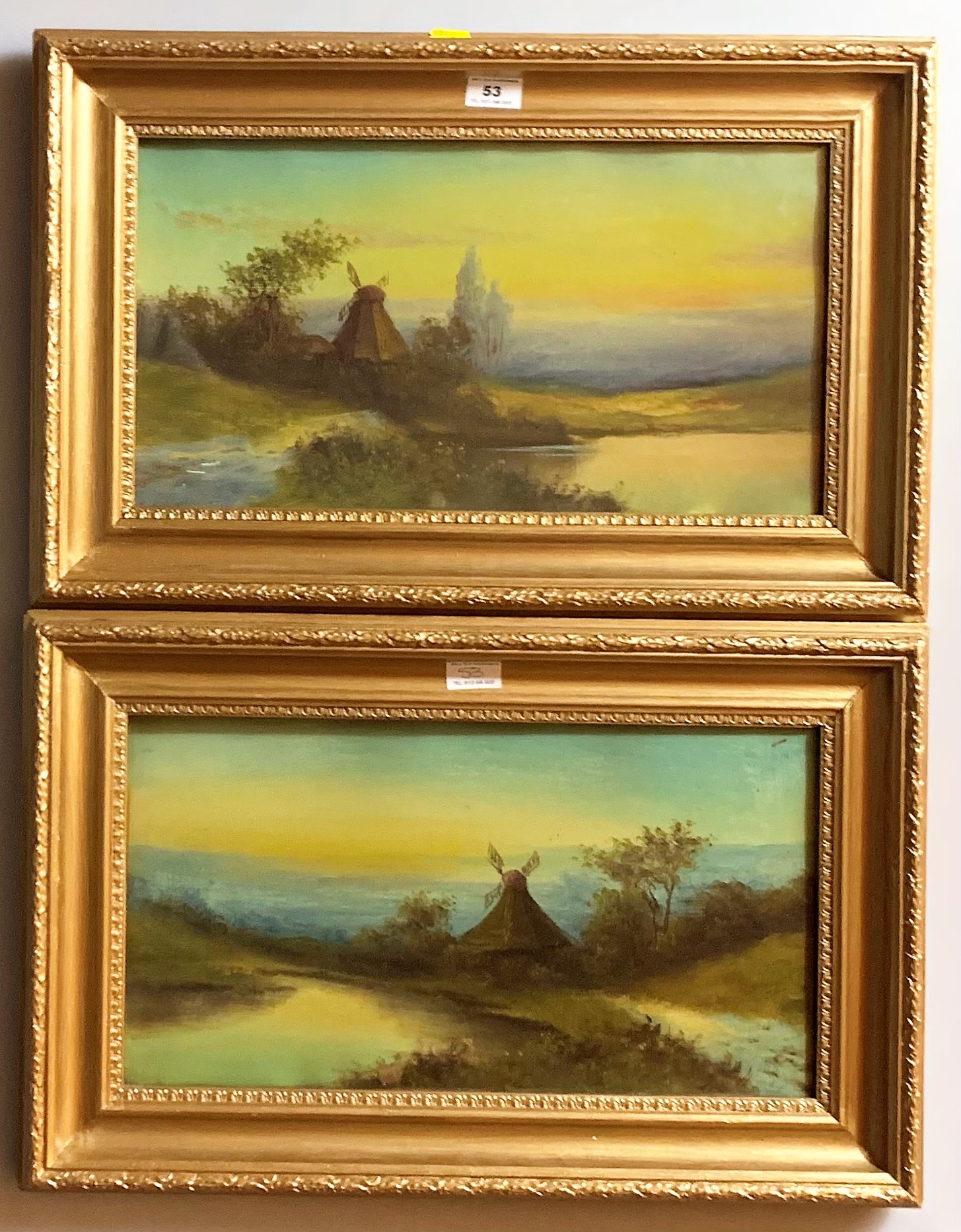 Pair of oil paintings of windmills, unsigned. 17” x 9.5”, frame 22.5” x 14.5”. Good condition