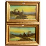 Pair of oil paintings of windmills, unsigned. 17” x 9.5”, frame 22.5” x 14.5”. Good condition