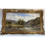 Oil painting “Bolton Abbey” by A.A. Glendening, 29.5” x 15.5”, frame 34.5” x 20.5”. Good condition
