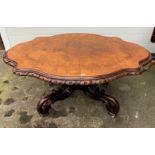Superb carved dragooned four-edge top quality Burr Walnut Victorian loo table. 45” deep, 61” wide,