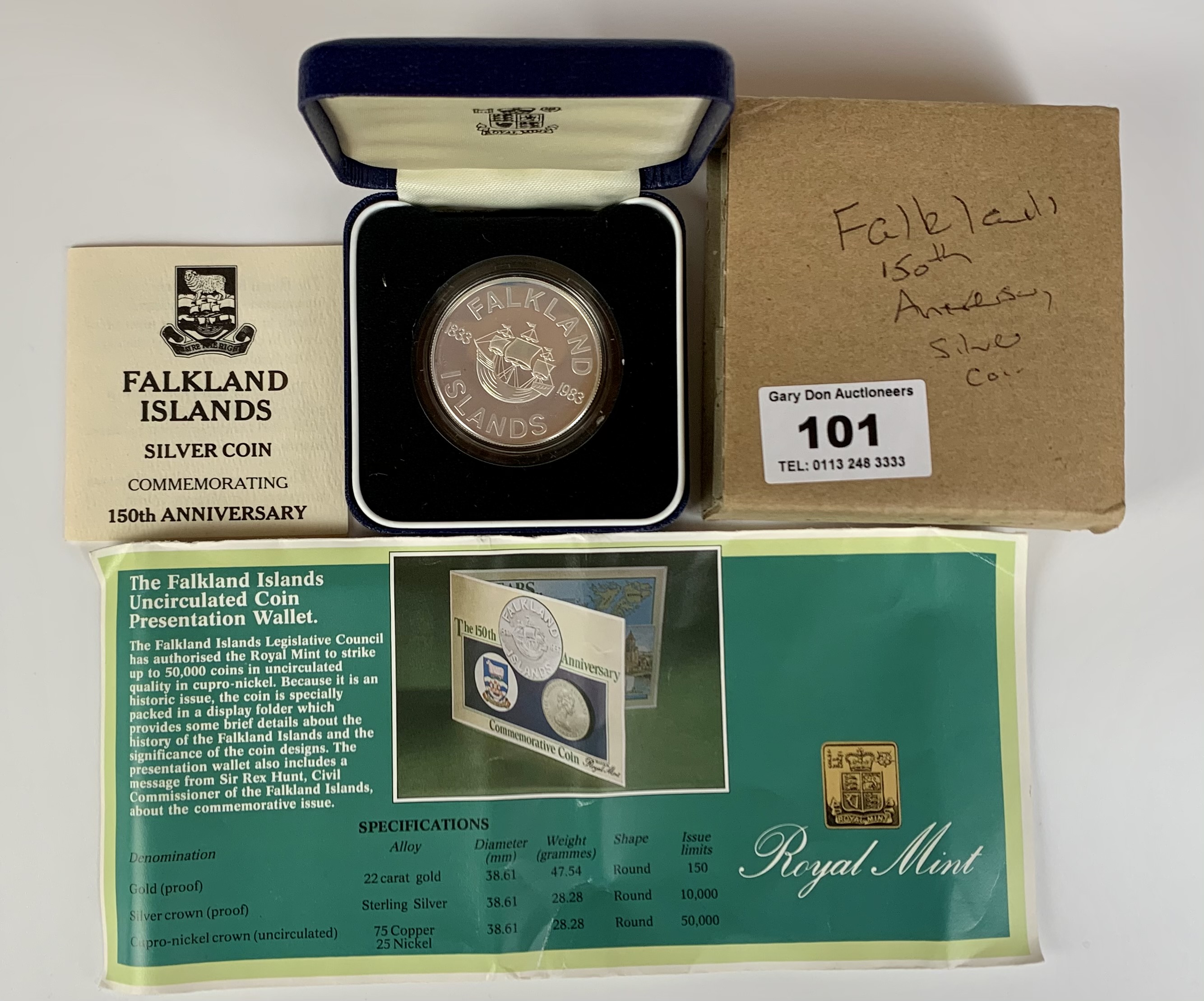 Boxed Royal Mint Falkland Islands Proof Silver Coin 1983 commemorating 150th Anniversary