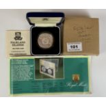 Boxed Royal Mint Falkland Islands Proof Silver Coin 1983 commemorating 150th Anniversary