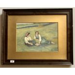 Watercolour of 2 women in field by E. Holmes, 15” x 10.5”, frame 25” x 20”