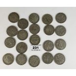 20 Half crown coins, pre-1947, half silver, w: 9 ozt