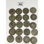 20 Half crown coins, pre-1947, half silver, w: 9 ozt