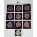 9 cased 1977 Silver Jubilee commemorative crowns and 1 cased 1953 Five Shillings