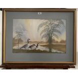 Watercolour of Canada Geese by Robert Butler 1989. 20.5” x 13”, frame 29” x 22”. Good condition