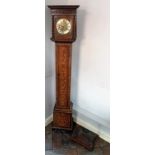 Brass faced inlaid marquetry walnut grandmother clock with key, pendulum and 2 weights. 66” tall x