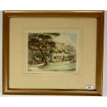 Signed coloured etching of cottage by Henry G. Walker, 10” x 8”, frame 20” x 17”.