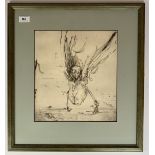 Etching “Skeleton Crow” , signature indecipherable 11” x 11.5”, frame 18” x 19”