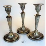 3 silver candlesticks, 12” high, 1 sconce missing