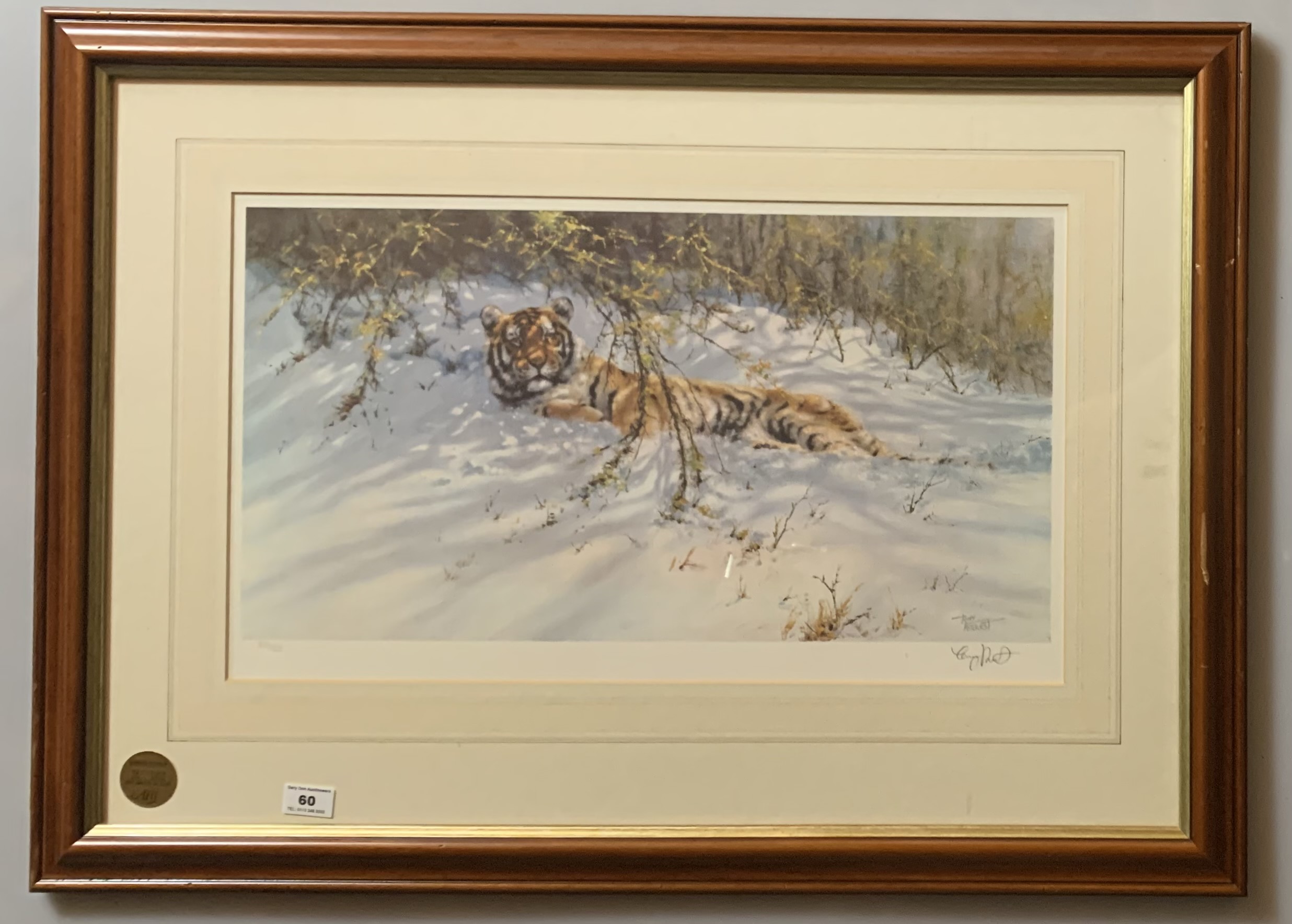 Signed Limited Edition print of tiger by Tony Forrest, No. 244/500. 23” x 13”, frame 33” x 24”.