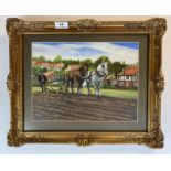 Mixed media painting of horse and plough. Unsigned. 11.5” x 8.5”, frame 16” x 13”. Good condition