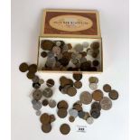 Ritmeester cigar box with assorted UK and foreign coins