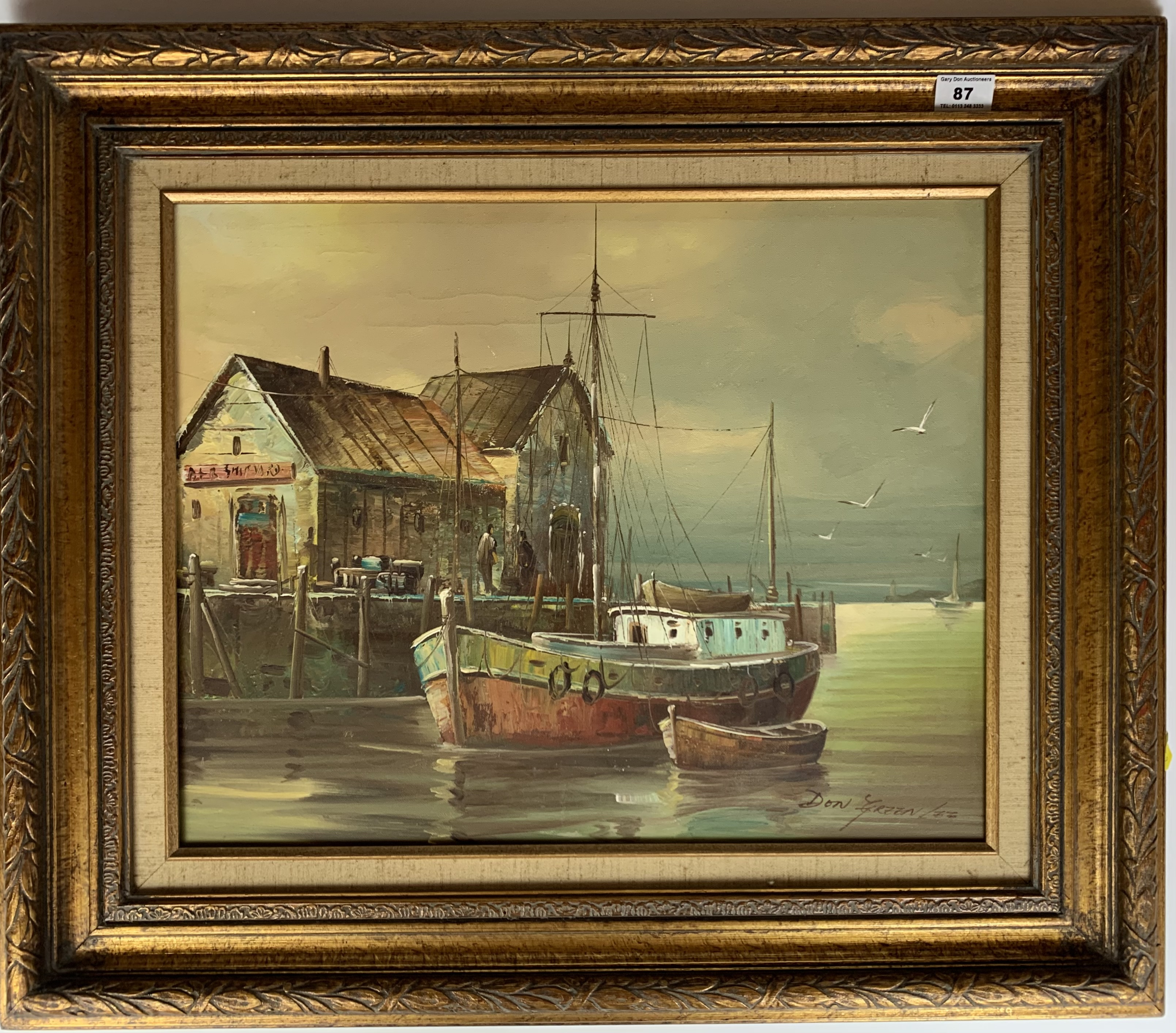Oil painting of shipyard by Don Green Lee, 19.5” x 15.5”, frame 28” x 24”