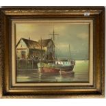 Oil painting of shipyard by Don Green Lee, 19.5” x 15.5”, frame 28” x 24”