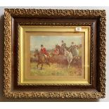 Print, Hunting scene in gilt and wood frame. 12.5” x 9.5”, frame 24” x 21”.