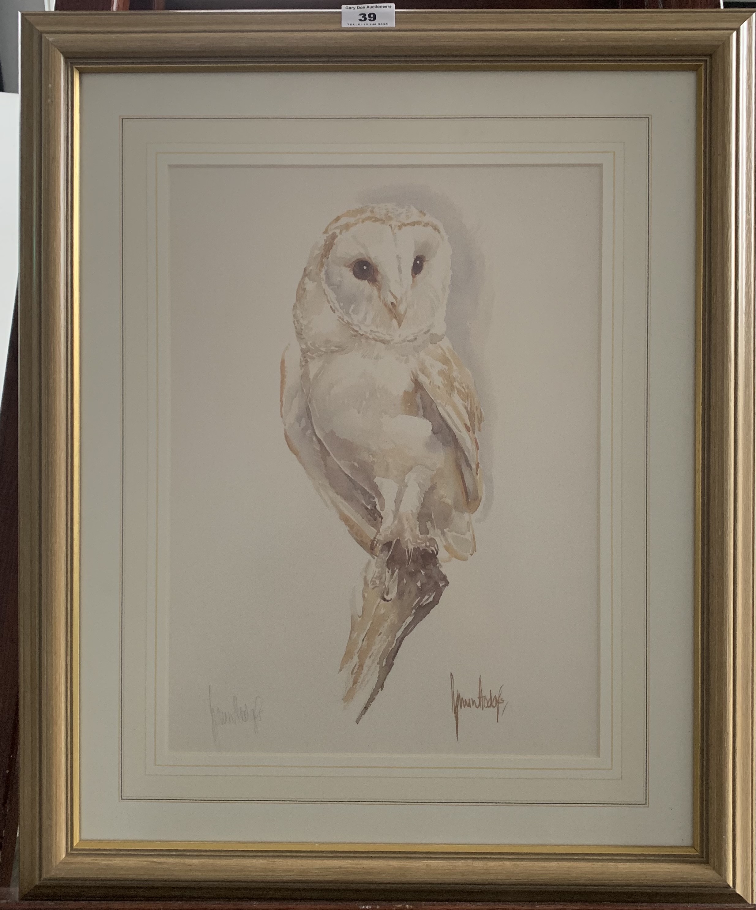 Print of barn owl by James Hodges. Signed in pencil by artist. 11” x 15”, frame 19.5” x 23.5”.