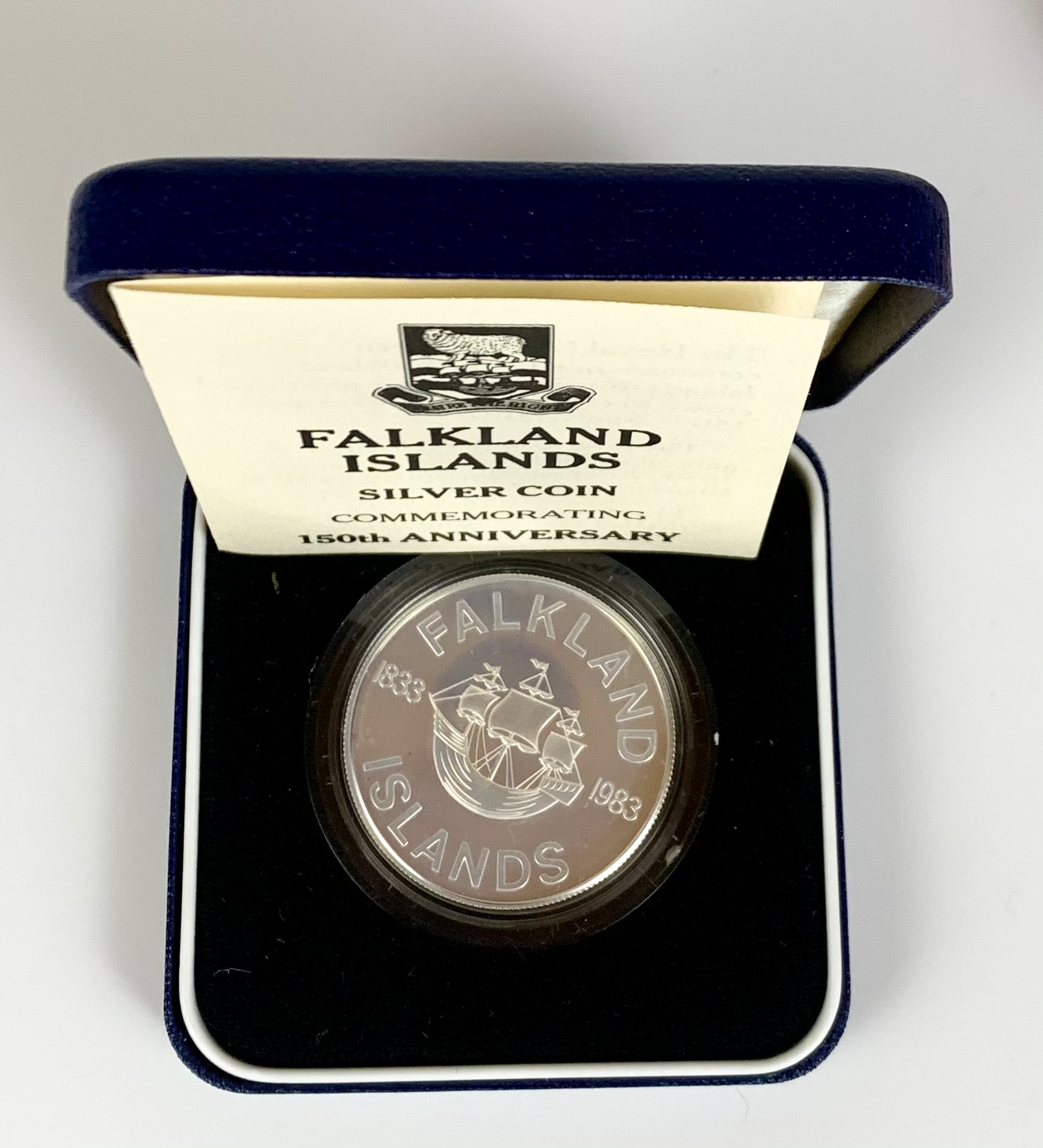 Boxed Royal Mint Falkland Islands Proof Silver Coin 1983 commemorating 150th Anniversary - Image 2 of 2