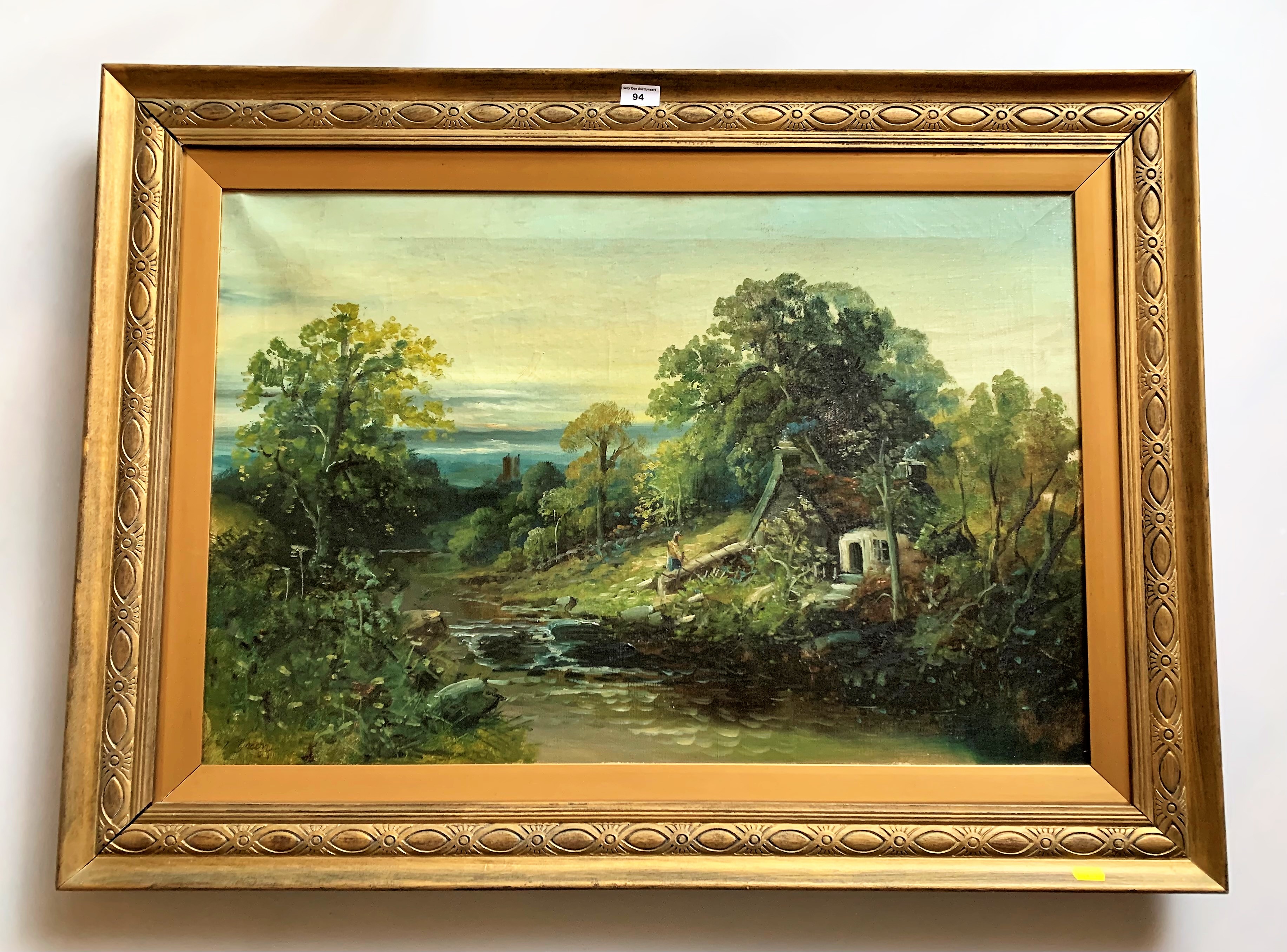 Oil on canvas of landscape by Green, 26” x 16.5”, frame 38” x 34.5”