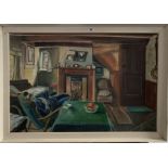 Oil painting on canvas “Interior of fisherman’s cottage in Filey” by Pat Faust 1969 with letter of