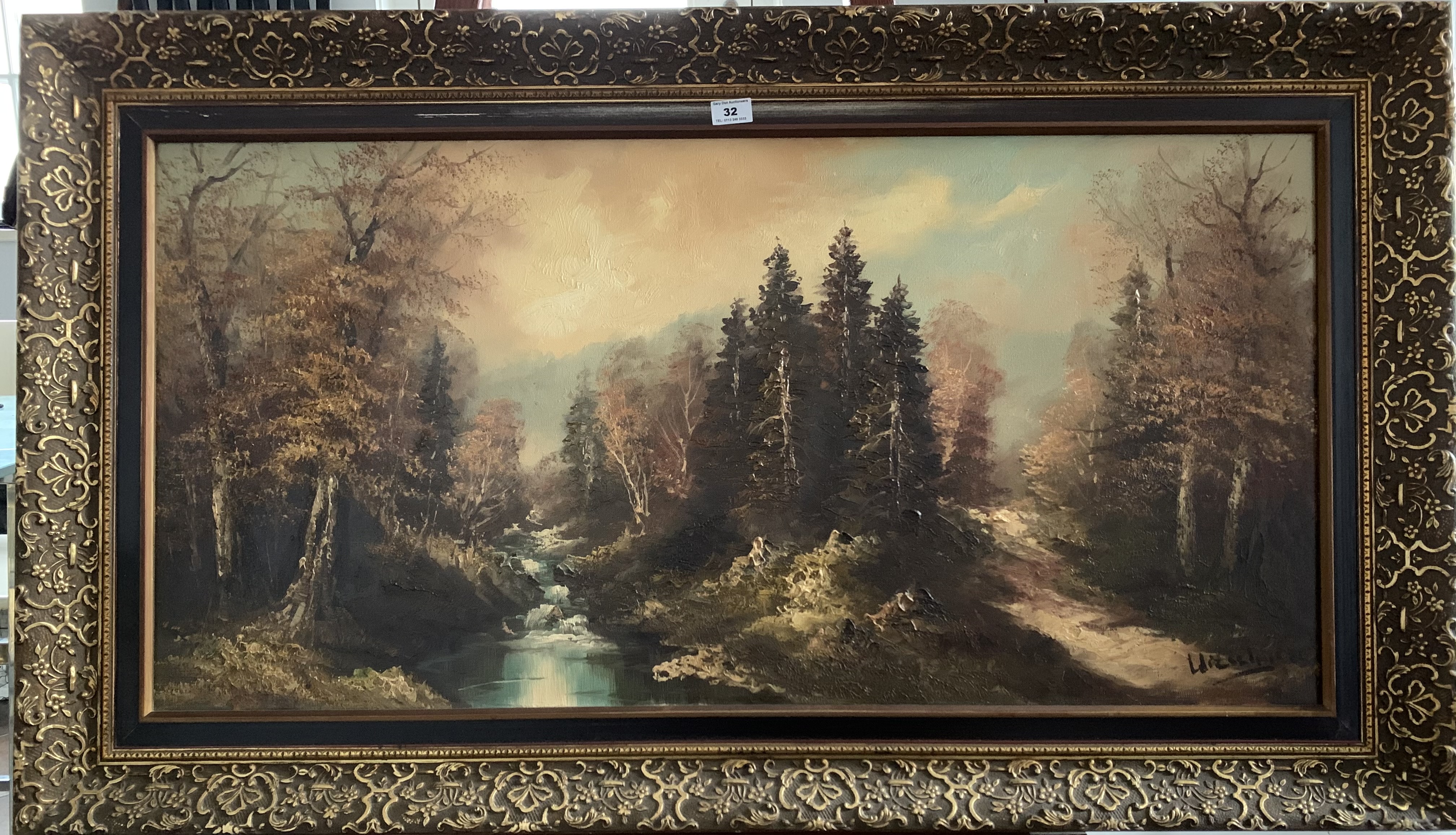 Oil painting on canvas of forest scene, signature indecipherable. 39” x 19”, frame 46” x 27”. Good