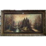 Oil painting on canvas of forest scene, signature indecipherable. 39” x 19”, frame 46” x 27”. Good