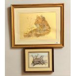 Mixed media picture of lion and cub by M.Fennell 15.5” x 11.5”, frame 22” x 18” and Decoupage of