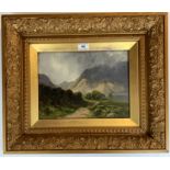 Oil painting on canvas of mountain scene by S.E. Honley? 11.5” x 8.5”, frame 20” x 17”. Painting