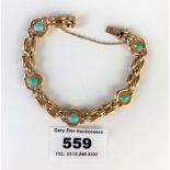 15k gold and turquoise stone bracelet, w: 14.3 gms, length 7”