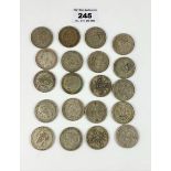 20 x Two shilling coins, pre-1947, half silver, w: 7.2 ozt