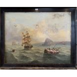 Large oil painting of ships on canvas, unsigned. 35” x 27.5”, frame 40.5” x 32.5”. Damaged with 4