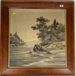 Silk picture of lake scene in rosewood frame, 21” x 21”, frame 28” x 28”