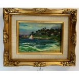 Oil painting “Blue Waters, Antigua”, 6.5” x 4.5”, frame 10.5” x 8.5”. Signed Bernstein? Good