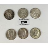 6 Kennedy half-dollar coins