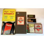 Turntable for Scrabble, old Monopoly set with board and box of Draughts pieces