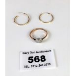 9k gold and platinum ring, size N and pair of 9k gold hoop earrings, total w: 2.2 gms