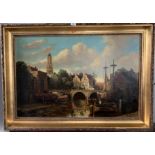 Large oil painting of Dutch Town Scene, Amsterdam on canvas, possibly Signed W.J. Burksen