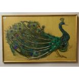 Framed peacock picture made with feathers and materials on hessian background. 40” x 25”. Good