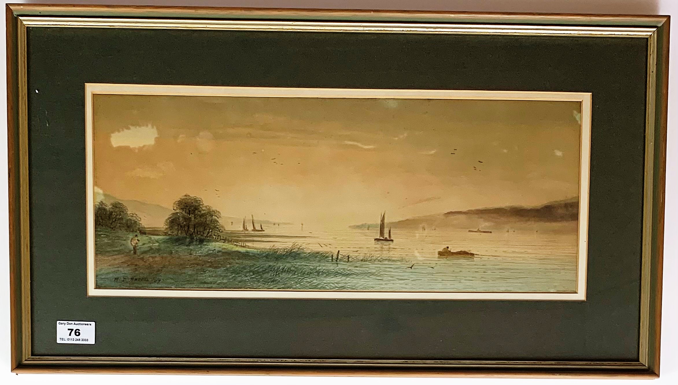 Watercolour by M.D. Andell of boats, 17.5” x 7”, frame 23.5” x 13”