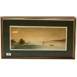 Watercolour by M.D. Andell of boats, 17.5” x 7”, frame 23.5” x 13”