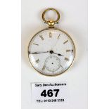 9k gold pocket watch, total w: 58.6 gms, 1.75” length, second hand missing, but ticks