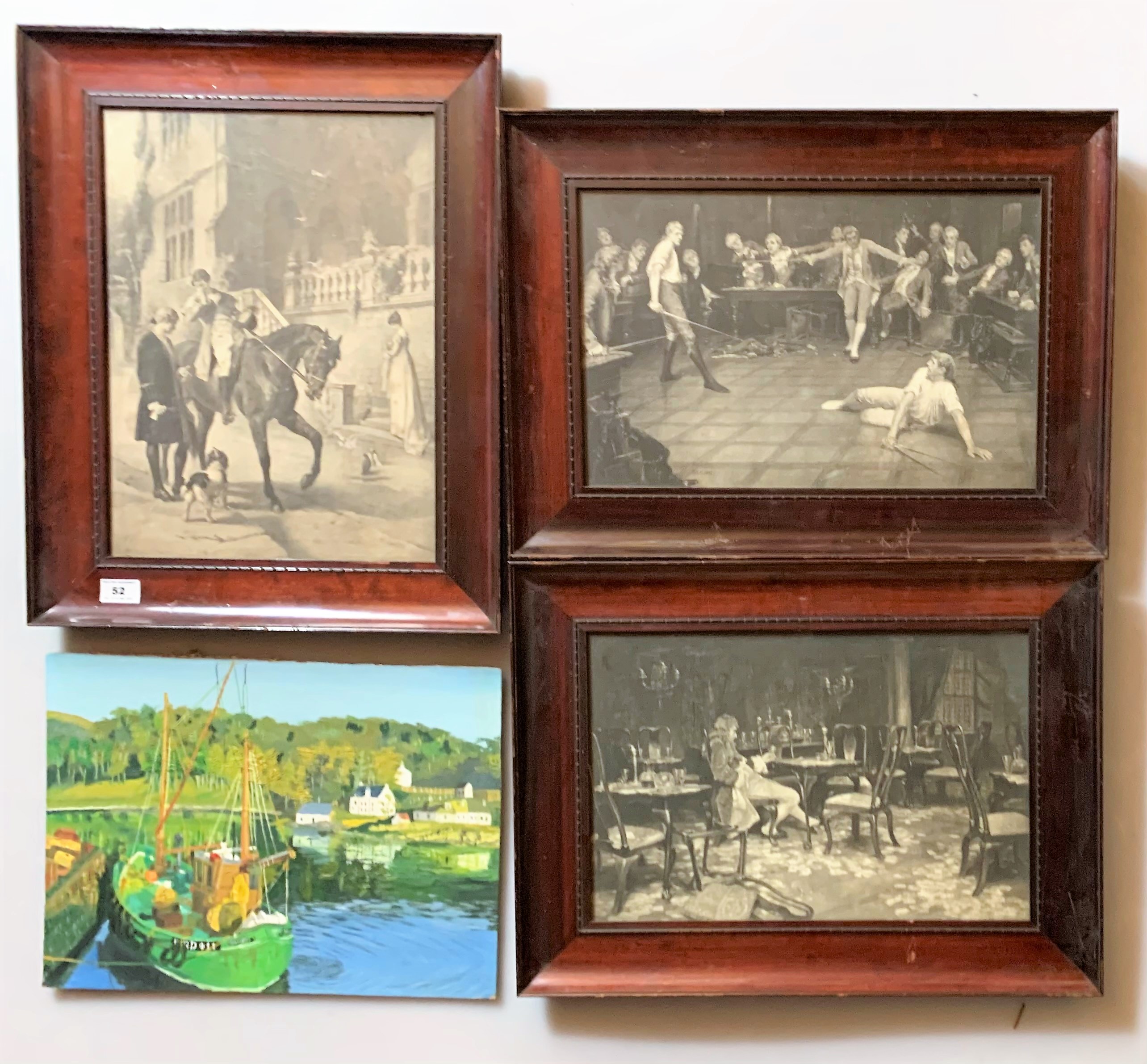 3 framed etchings, each 15.5” x 11.5”, frame 20.5” x 16” and oil on board of harbour scene,