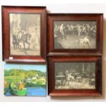 3 framed etchings, each 15.5” x 11.5”, frame 20.5” x 16” and oil on board of harbour scene,