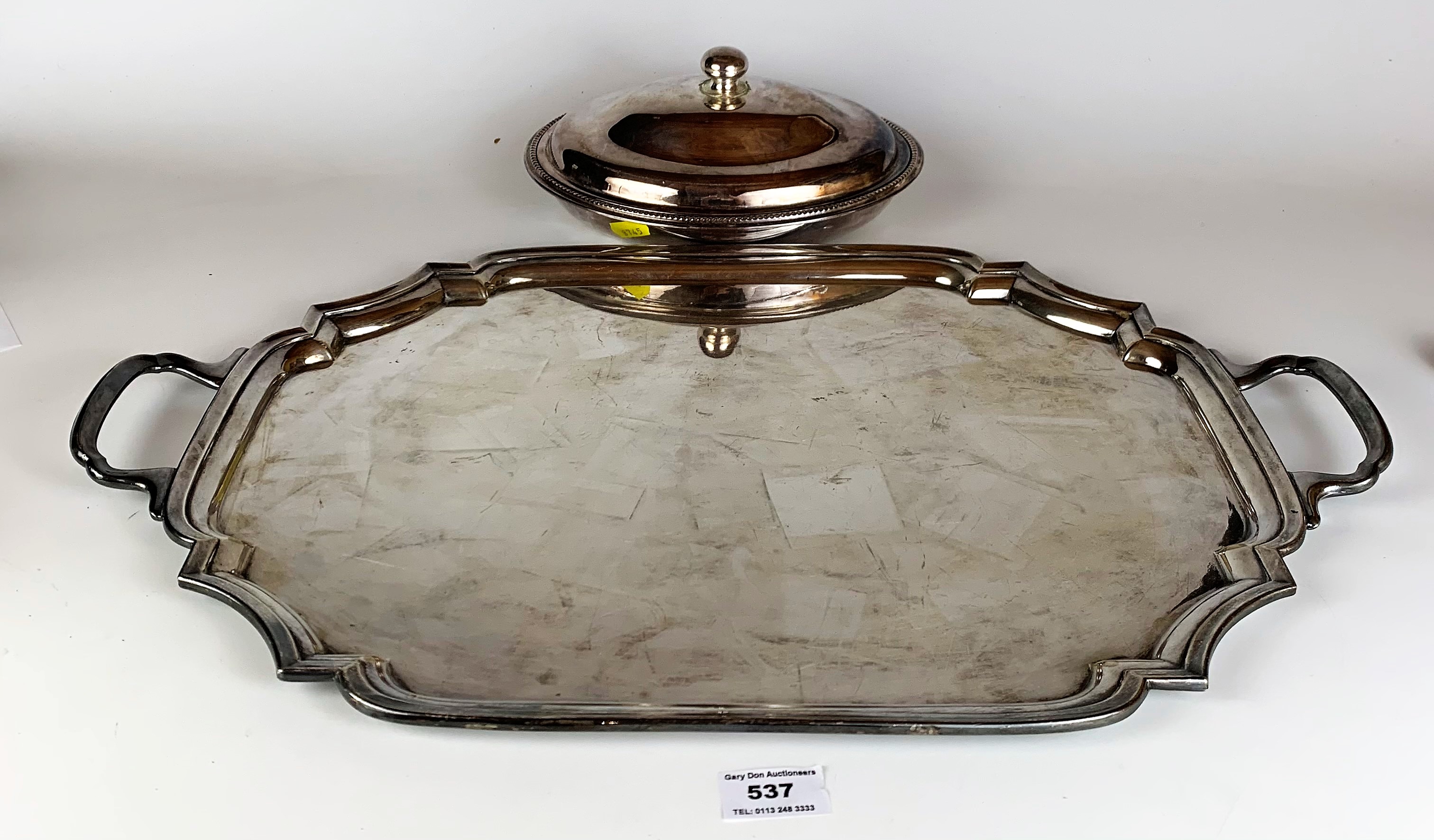 Plated gallery tray 21.5” long x 14” wide and plated lidded tureen 9.5” x 7.5”