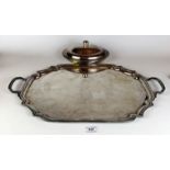 Plated gallery tray 21.5” long x 14” wide and plated lidded tureen 9.5” x 7.5”